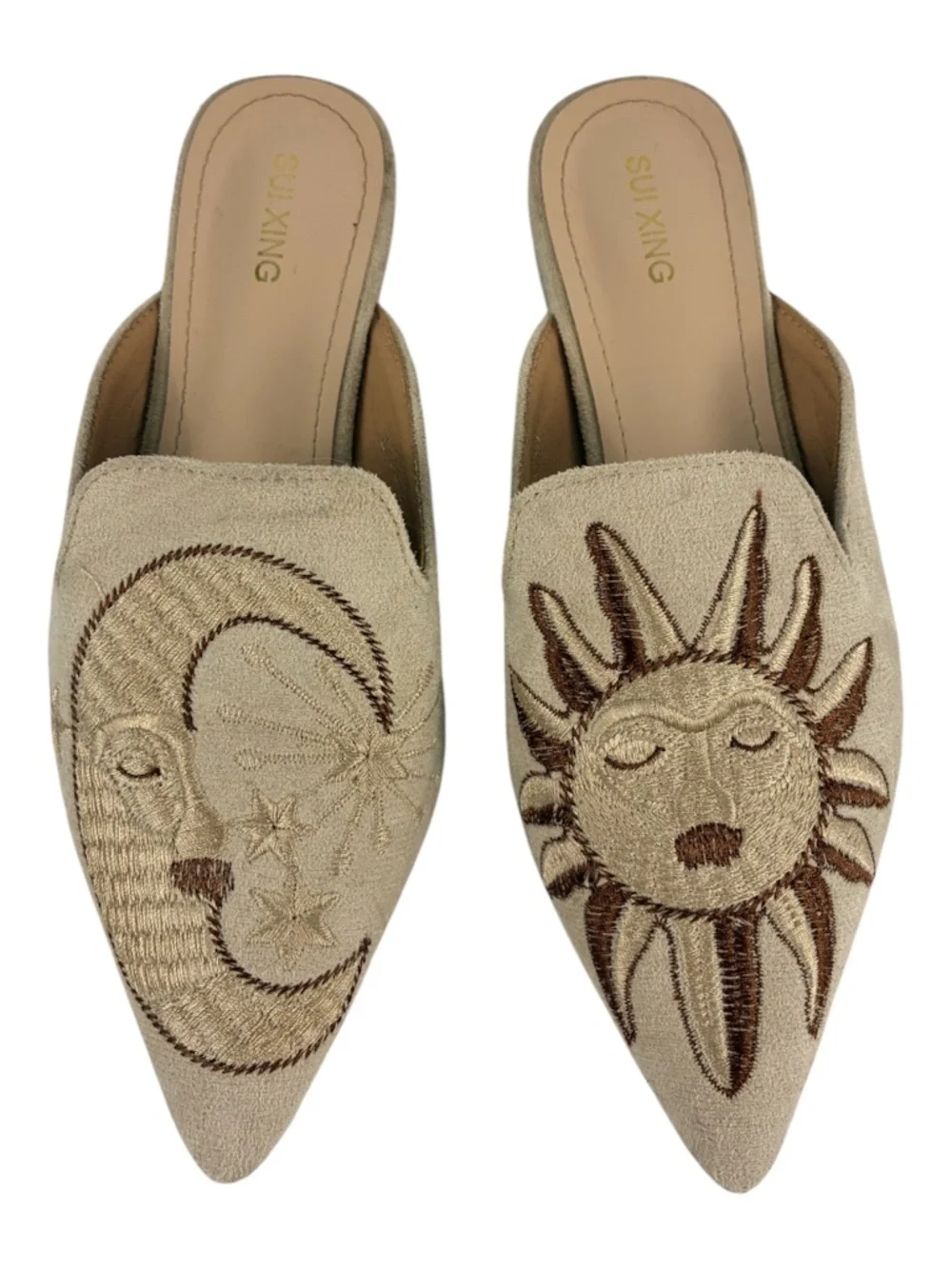 Sun Moon Embroidered Mules Suede Pointed Toe Slip On Flat Shoes Loafers Beige